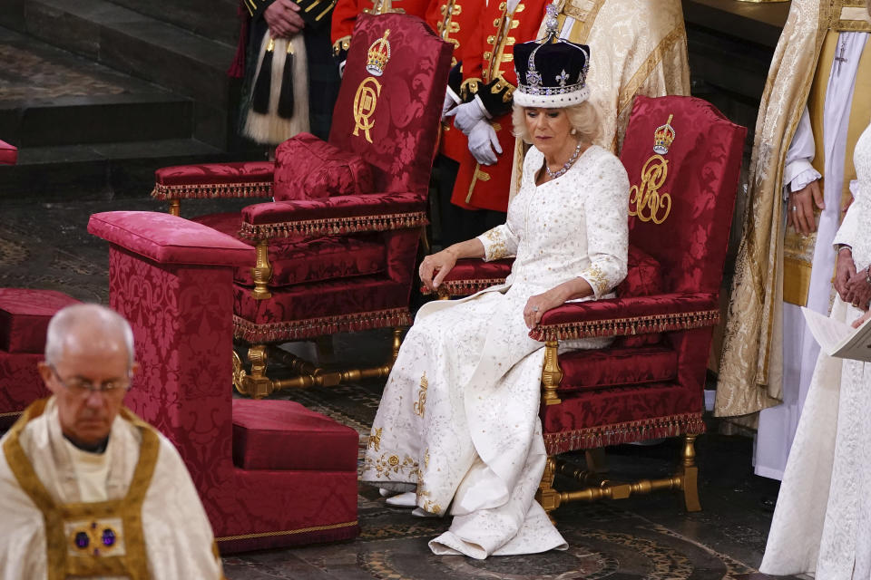 Queen Camilla wears Queen Mary's Crown in Westminster Abbey, London, Saturday May 6, 2023. (Yui Mok, Pool via AP)
