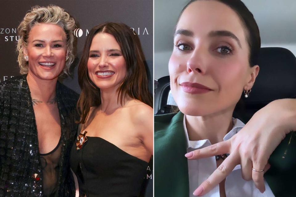 <p>Bryan Dozier/Variety via Getty; Sophia Bush/Instagram</p> Ashlyn Harris (left) and Sophia Bush; Bush flashing her bare fingers