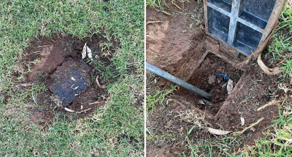 Fire hydrants dug up in NSW front yard after grass grew over it. 