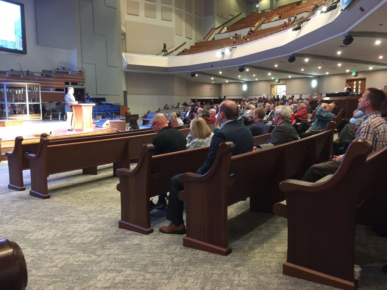 Senior Pastor Heath Lambert of First Baptist Church Jacksonville fields questions from congregants and the public during a public forum on the church's decision to require congregants to sign a statement of faith  regarding the church's position on LGBTQ issues.