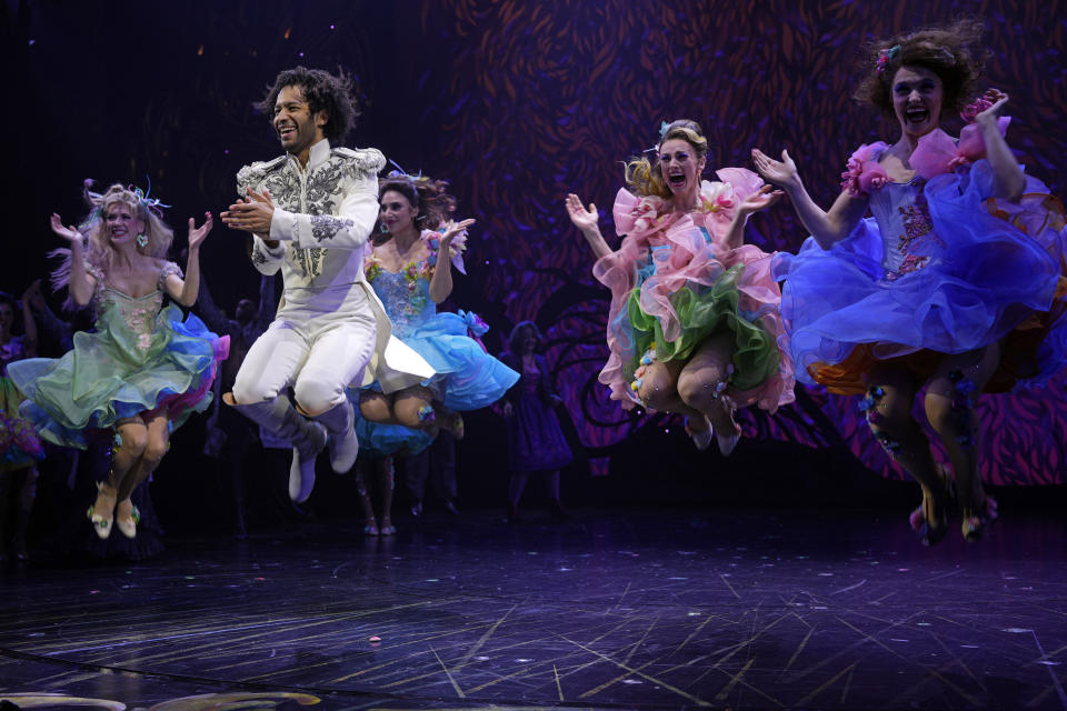 Jordan Dobson, second from left, appears at the curtain call for "Bad Cinderella" on opening night at the Imperial Theatre on Thursday, March 23, 2023, in New York. (Photo by Charles Sykes/Invision/AP)