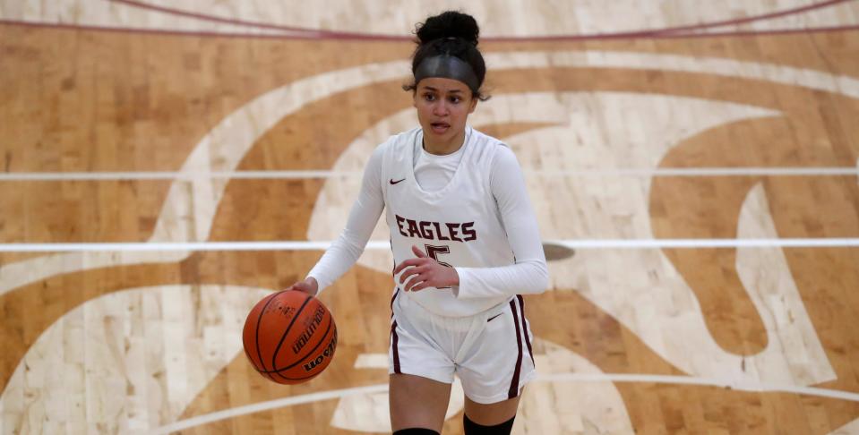 Faith Christian Eagles guard Maya Layton (5) drives to the basket during the IHSAA girl’s basketball game against the South Newton Rebels, Tuesday, Jan. 24, 2023, at Faith Christian School in Lafayette, Ind. Faith Christian won 67-36.