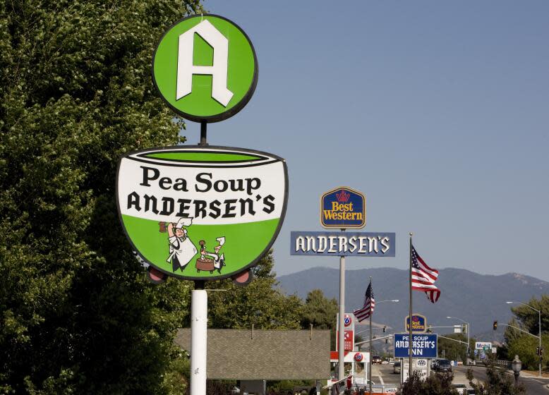 BUELLTON, SANTA YNEZ VALLEY, SANTA BARBARA COUNTY, CA - 2009: The sign in front of Andersen's Splt Pea Soup Restaurant is seen in this 2009 Buellton, Santa Ynez Valley, Santa Barbara County, California, afternoon photo. (Photo by George Rose/Getty Images)