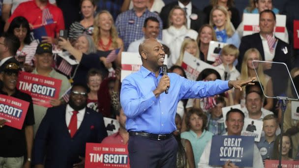PHOTO: Sen. Tim Scott gives remarks at his presidential campaign announcement event at his alma mater, Charleston Southern University, May 22, 2023, in North Charleston, S.C. (Meg Kinnard/AP)