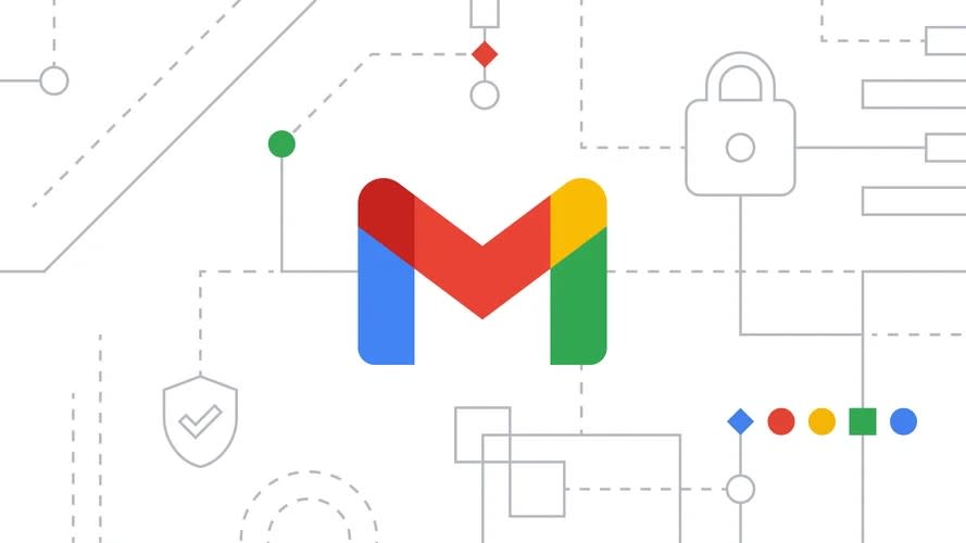  The gmail logo next to lines connecting to symbols and padlocks. 