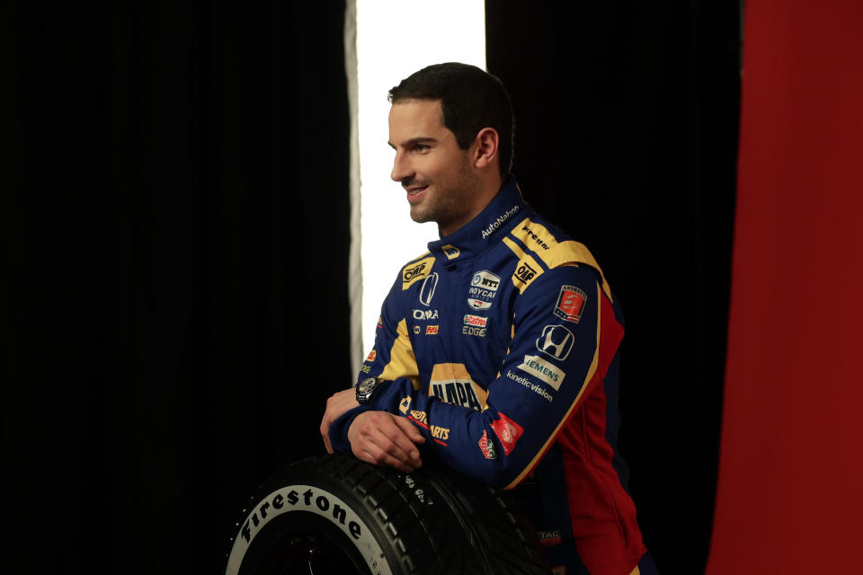 IndyCar driver Alexander Rossi poses for photos during IndyCar Media Day, Monday, Feb. 10, 2020, in Austin, Texas. (AP Photo/Eric Gay)
