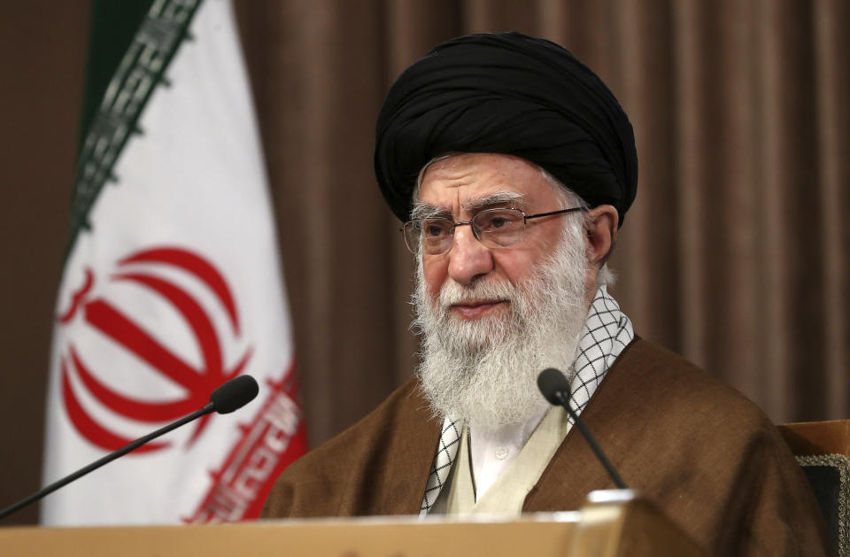 In this photo released by the official website of the office of the Iranian supreme leader, Supreme Leader Ayatollah Ali Khamenei addresses in a televised speech marking the annual Quds, or Jerusalem Day, in Tehran, Iran, Friday, May 22, 2020. Khamenei on Friday called Israel a “cancerous tumor” that “will undoubtedly be uprooted and destroyed” in an annual speech in support of the Palestinians, renewing threats against Iran's Mideast enemy. (Office of the Iranian Supreme Leader via AP)