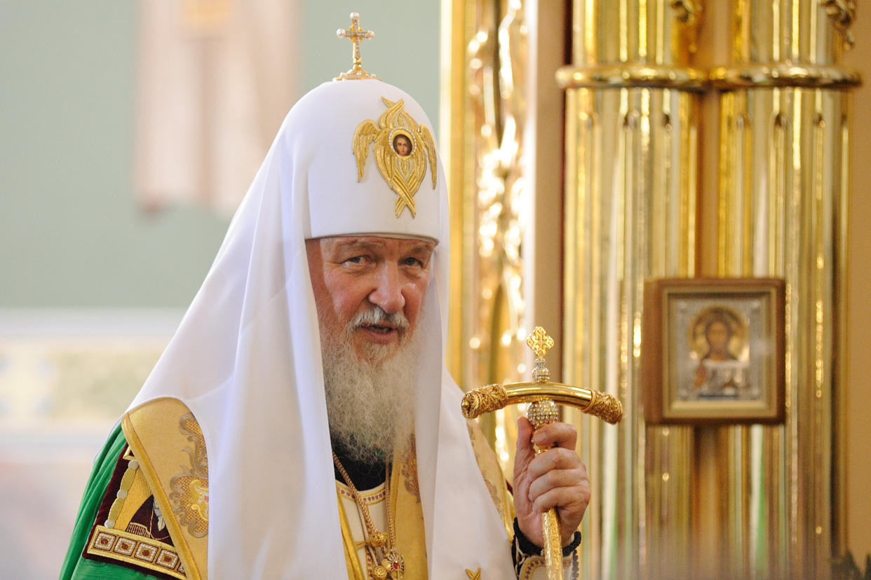 Orel, Russia - July 28, 2016: Russia baptism anniversary Divine Lutirgy. Patriarch Kirill in festive uniform with golden crozier