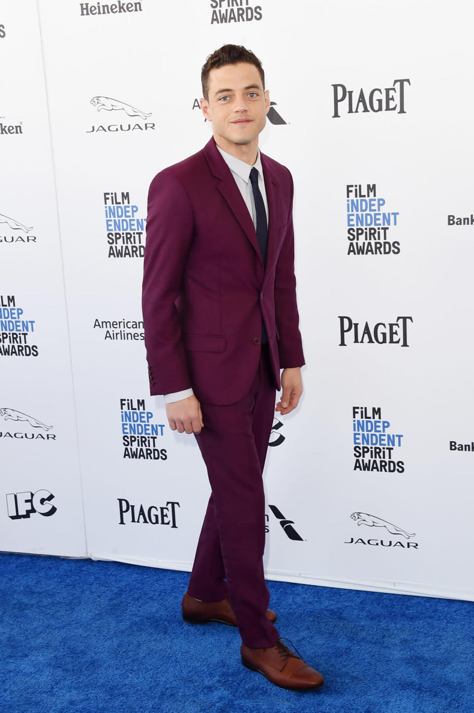 Rami Malek in a burgundy suit at the 2016 Film Independent Spirit Awards on February 27, 2016 in Santa Monica, California.