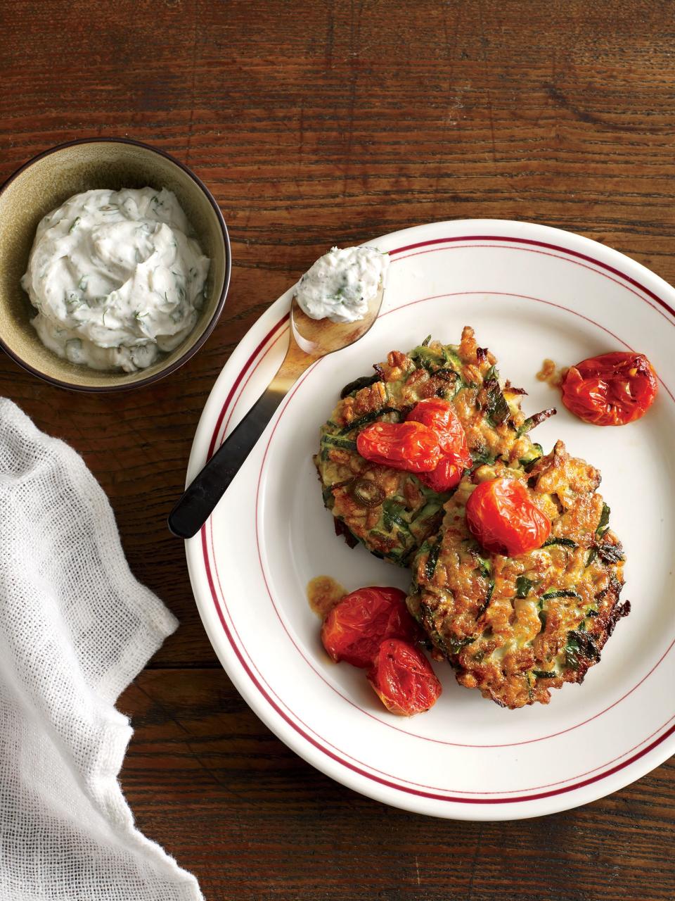 Zucchini-Farro Cakes With Herbed Goat Cheese and Slow-Roasted Tomatoes