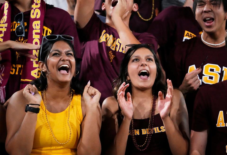 ASU students react to a touchdown by Arizona State Sun Devils against the USC Trojans in the second half at Mountain America Stadium in Tempe on Sept. 23, 2023.