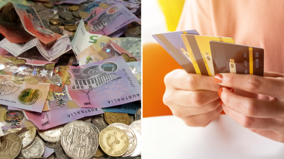 Pictured: Australian cash, woman holding credit cards. Images: Getty