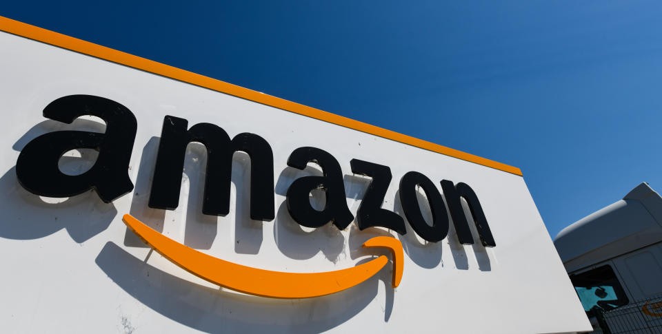 A picture shows the Amazon logo at the entrance area of the Amazon logistics centre in Amiens, northern France, on July 23, 2019. (Photo by DENIS CHARLET / AFP)        (Photo credit should read DENIS CHARLET/AFP/Getty Images)