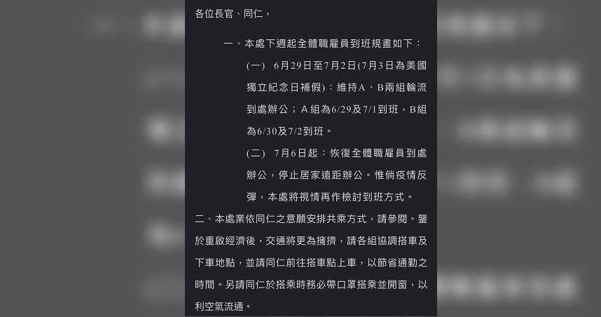 紐約辦事處6月24日由人事祕書發了電子郵件要求雇員正常上班，這幾個月來疫情愈加嚴重也沒有因應措施。（圖／讀者提供）