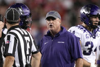TCU coach Sonny Dykes yells to an official during the first half of an NCAA college football game against Houston Saturday, Sept. 16, 2023, in Houston. (AP Photo/David J. Phillip)