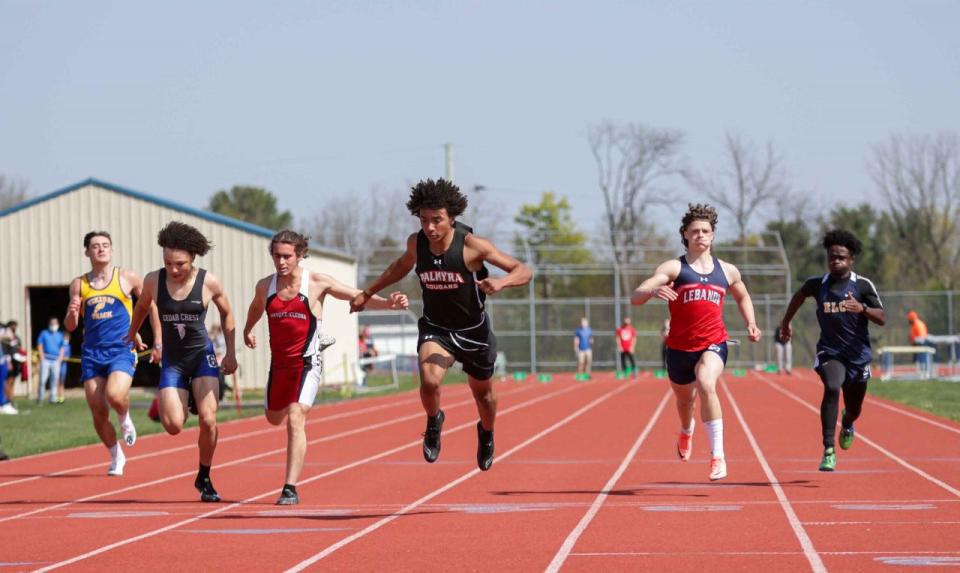 Anthony Mansfield of Palmya wins the 100 meter dash, one of four victories on the day at last year's Lebanon County Meet.
(Photo: Travis Boyd)