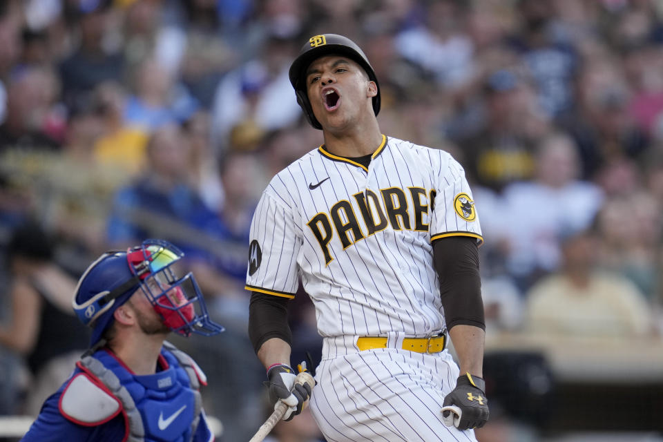 San Diego Padres' Juan Soto reacts as he flies out while batting during the fifth inning of a baseball game against the Texas Rangers, Saturday, July 29, 2023, in San Diego. (AP Photo/Gregory Bull)