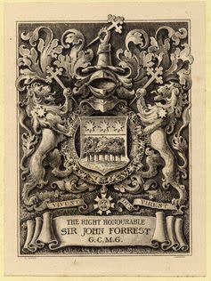 <span class="caption">The bookplate of Sir John Forrest, explorer.</span> <span class="attribution"><a class="link " href="https://commons.wikimedia.org/wiki/File:John_Forrest_bookplate.jpg" rel="nofollow noopener" target="_blank" data-ylk="slk:Wikimedia;elm:context_link;itc:0;sec:content-canvas">Wikimedia</a></span>