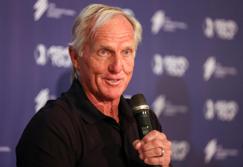 Greg Norman, CEO of Liv Golf Investments, talks to the media.