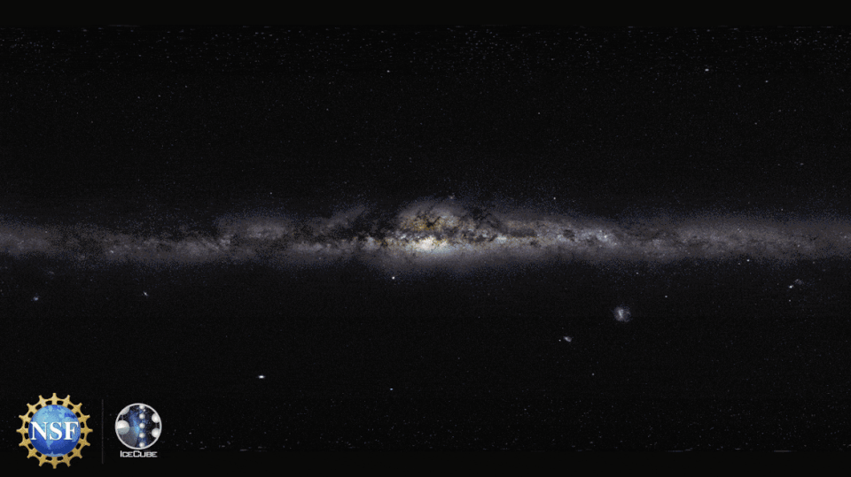 An artist's composite image of a photo of the Milky Way captured with visual light along with the first-ever neutrino-based image of the Milky Way overlaid in blue. 