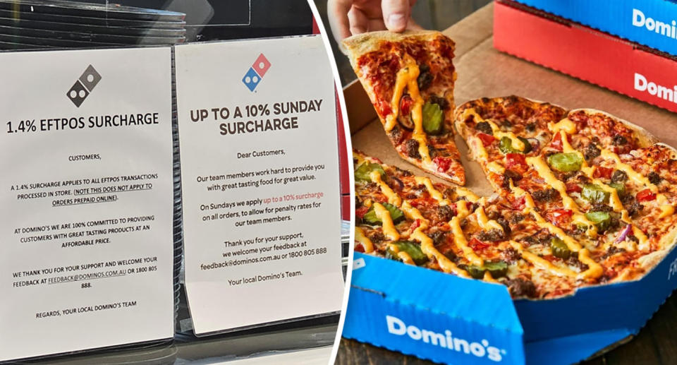 Signs in Domino's to notify of two different surcharges customers could be slapped with and a pizza.