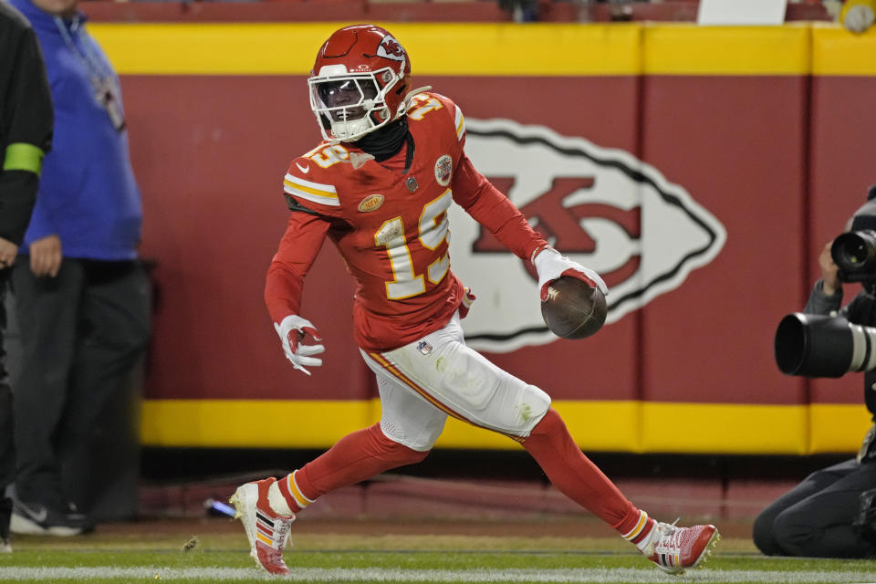 FILE - Kansas City Chiefs wide receiver Kadarius Toney runs the ball during the second half of an NFL football game against the Buffalo Bills Sunday, Dec. 10, 2023, in Kansas City, Mo. With a little more than a minute remaining, Kansas City appeared to score a go-ahead touchdown when Mahomes threw a pass to tight end Travis Kelce, who — just as he was going to be tackled — lateraled the ball to receiver Kadarius Toney, who raced to the end zone. But just as the Chiefs were starting to celebrate, they realized the score was erased by an offside penalty called on Toney. The Bills beat the Chiefs 20-17. (AP Photo/Charlie Riedel, File)