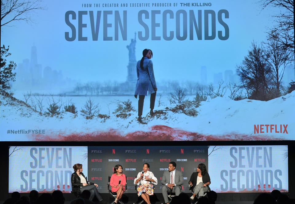 LOS ANGELES, CA - MAY 22:  (L-R) Lorraine Ali, Veena Sud, Regina King, Russell Hornsby, and Kristi Henderson speak onstage at the "Seven Seconds" panel at Netflix FYSEE on May 22, 2018 in Los Angeles, California.  (Photo by Neilson Barnard/Getty Images for Netflix)