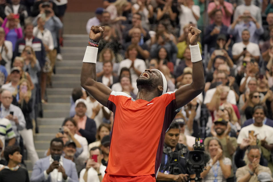 Frances Tiafoe, of the United States, reacts after defeating Andrey Rublev, of Russia, during the quarterfinals of the U.S. Open tennis championships, Wednesday, Sept. 7, 2022, in New York. (AP Photo/Mary Altaffer)