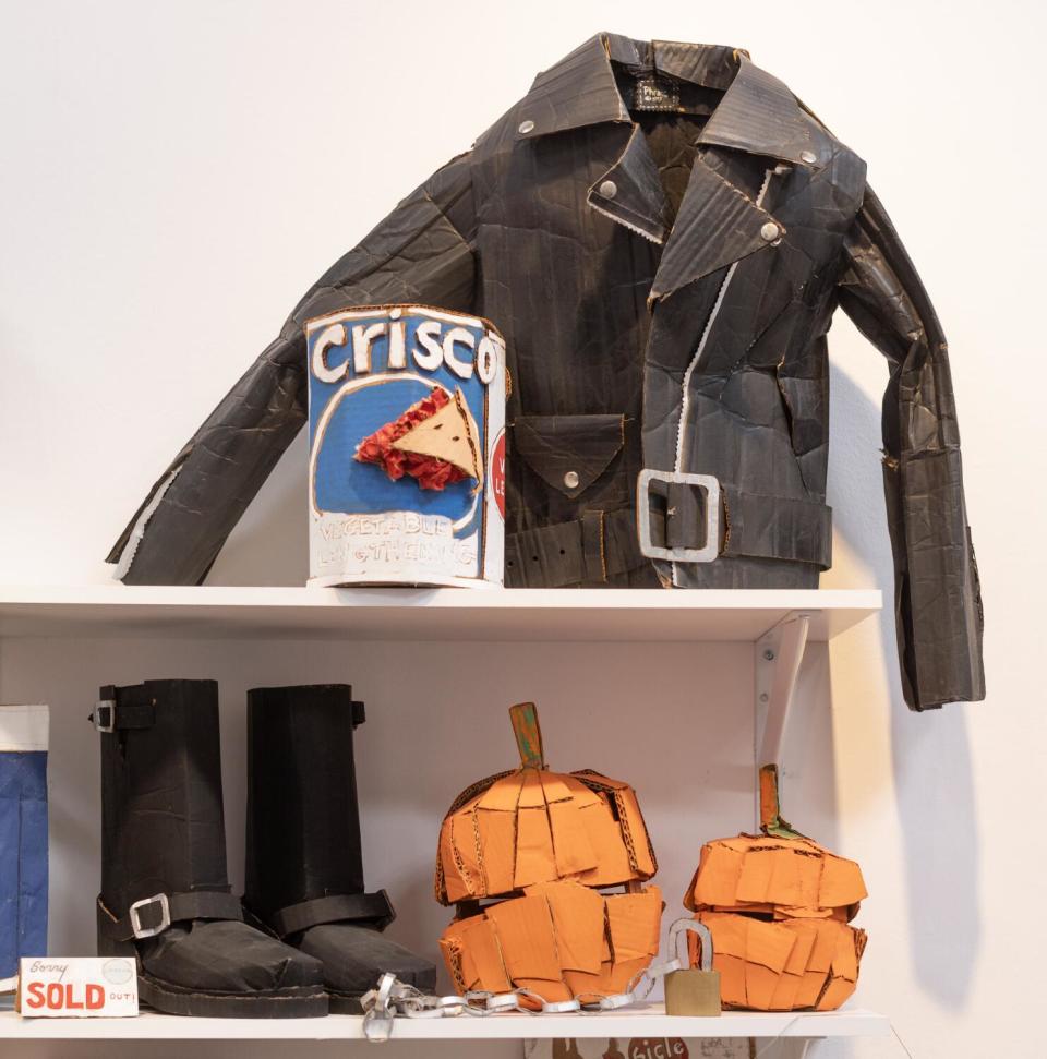 Paper pumpkins and leather jacket in Phranc's show at Craig Krull Gallery.