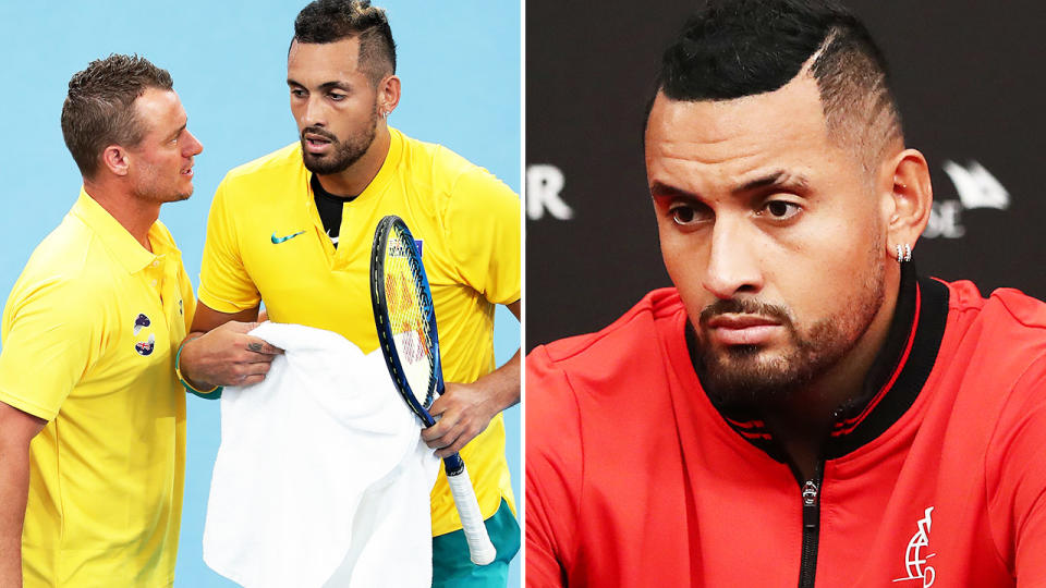 Nick Kyrgios, pictured here with Lleyton Hewitt at the Davis Cup.