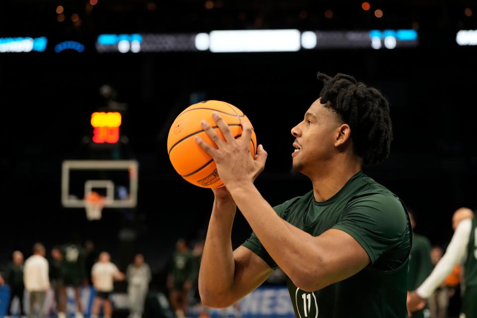 Michigan State Spartans guard A.J. Hoggard (11) during practice at Spectrum Center on Wednesday, March 20, 2024, in Charlotte, North Carolina.