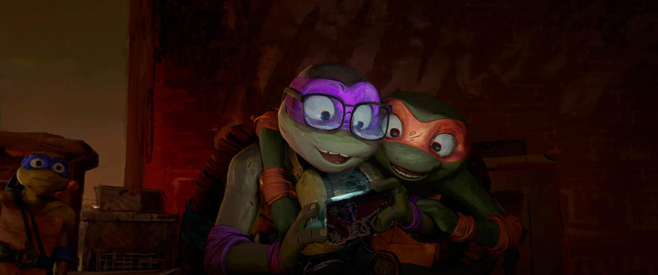 Donatello and Michelangelo in Teenage Mutant Ninja Turtles: Mutant Mayhem