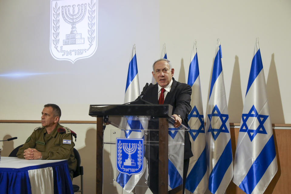 Israeli Prime Minister Benjamin Netanyahu, and IDF Chief of Staff Aviv Kochavi, hold press conference following the killing of a senior Islamic Jihad commander in Gaza by Israel, in Tel Aviv, Israel, Tuesday, Nov. 12, 2019. (AP Photo/Oded Balilty)