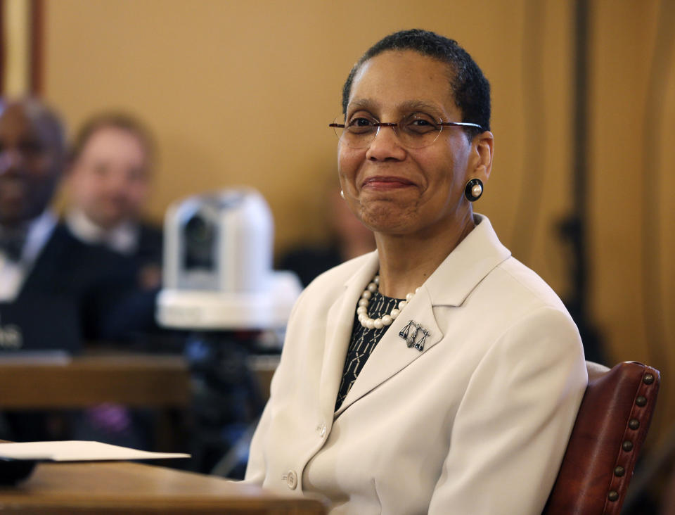 <p> FILE - In this April 30, 2013, file photo, Justice Sheila Abdus-Salaam looks on as members of the state Senate Judiciary Committee vote unanimously to advance her nomination to fill a vacancy on the Court of Appeals at the Capitol in Albany, N.Y. Abdus-Salaam's body was found on the shore of the Hudson River, April 12, 2017. She was the first black woman on New York state's highest court. (AP Photo/File, Mike Groll, File) </p>