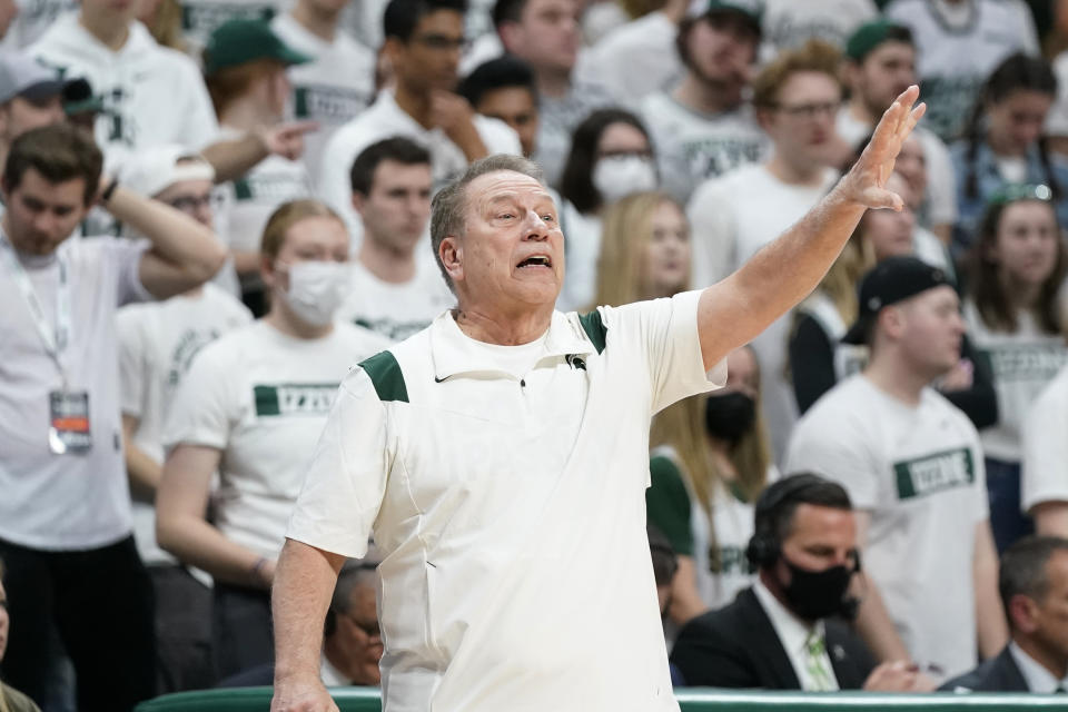 Michigan State head coach Tom Izzo signals from the sideline during the first half of an NCAA college basketball game against Maryland, Sunday, March 6, 2022, in East Lansing, Mich. (AP Photo/Carlos Osorio)