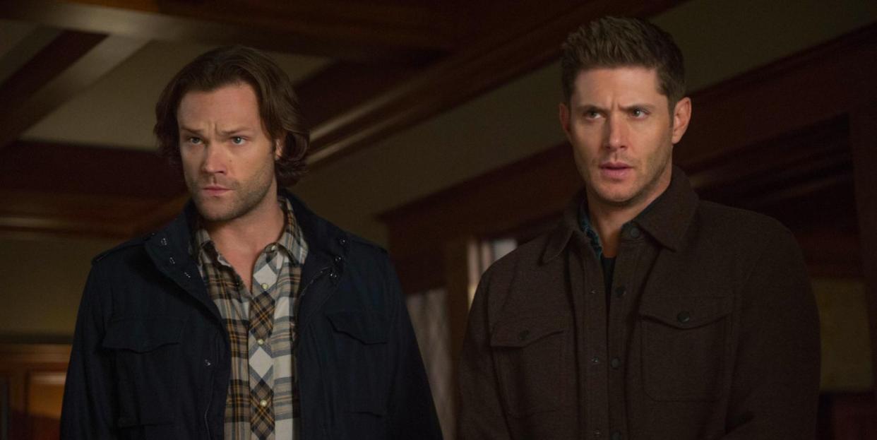 jared padalecki as sam winchester and jensen ackles as dean winchester in supernatural season 14