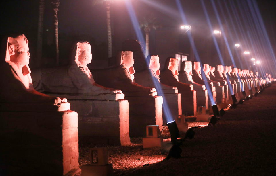 The restored Avenue of the Sphinxes or Road of the Rams, a 3,000-year-old avenue that connects Luxor Temple with Karnak Temple, is seen during its opening ceremony, in Luxor, Egypt, November 25, 2021. REUTERS/Mohamed Abd El Ghany