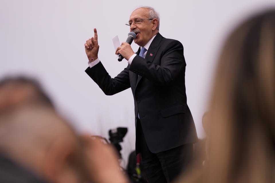 Kemal Kilicdaroglu, leader of Turkey's main opposition Republican People's Party, CHP, speaks at a campaign rally in Tekirdag, Turkey, Thursday, April 27, 2023. The 74-year-old politician has led Turkey’s center-left and pro-secular main opposition Republican People’s Party, or CHP, since 2010. The soft-mannered former bureaucrat has managed to unite Turkey’s fragmented and diverse opposition. (AP Photo/Francisco Seco)