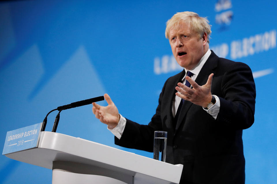 Boris Johnson, a leadership candidate for Britain's Conservative Party, speaks during a hustings event in London, Britain July 17, 2019. REUTERS/Peter Nicholls