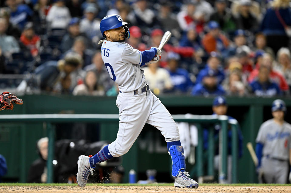 WASHINGTON, DC - MAY 24: Mookie Betts #50 of the Los Angeles Dodgers bats against the Washington Nationals at Nationals Park on May 24, 2022 in Washington, DC. (Photo by G Fiume/Getty Images)