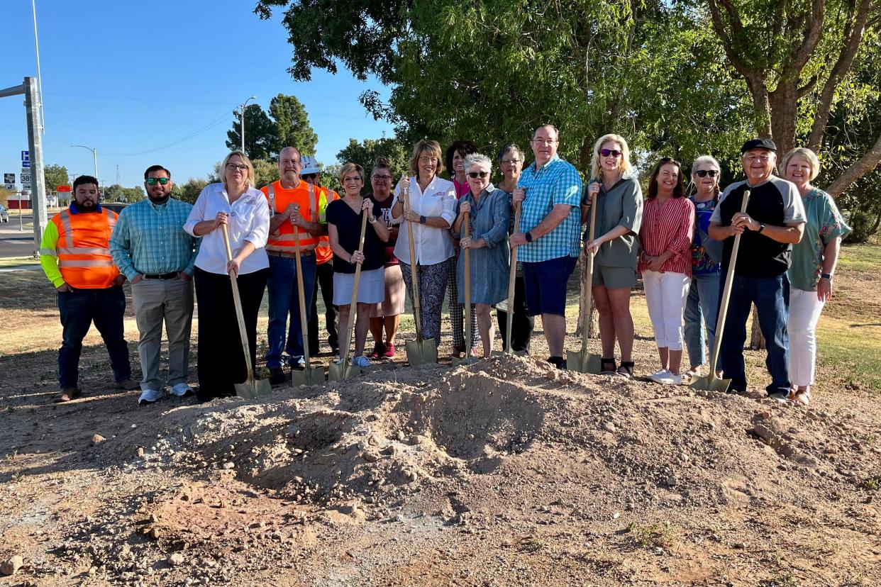 Levelland officials break ground on a new mosaic wall on Thursday. The wall, which will include six tile mosaics depicting South Plains life, will be located at the intersection of U.S. Highway 385 and FM 300 and should be done by the beginning of 2024.