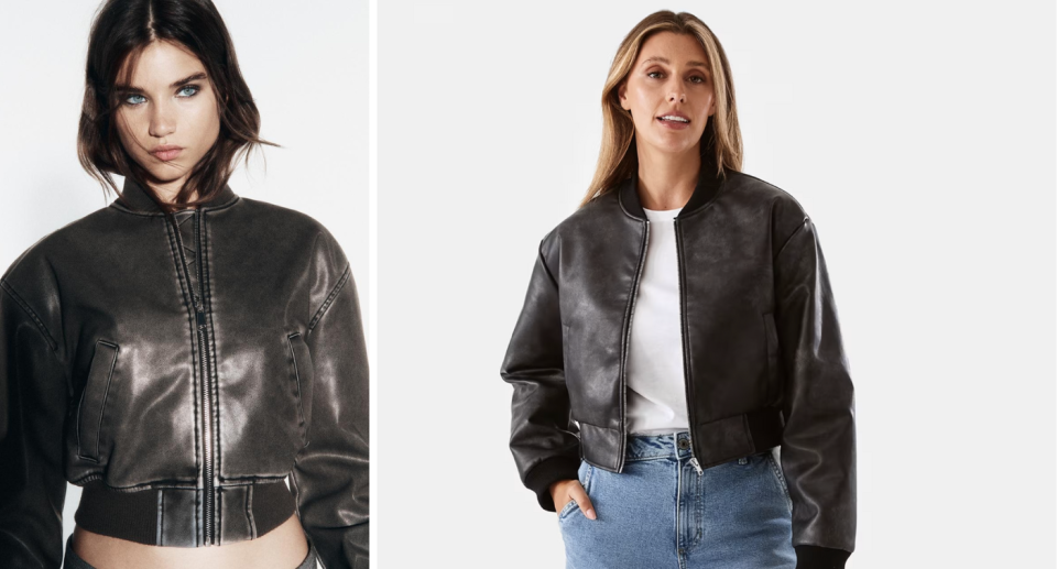 Kmart's $45 distressed bomber jacket is on par with a comparable style from Zara, priced at $149.00. Photo: Zara/Kmart