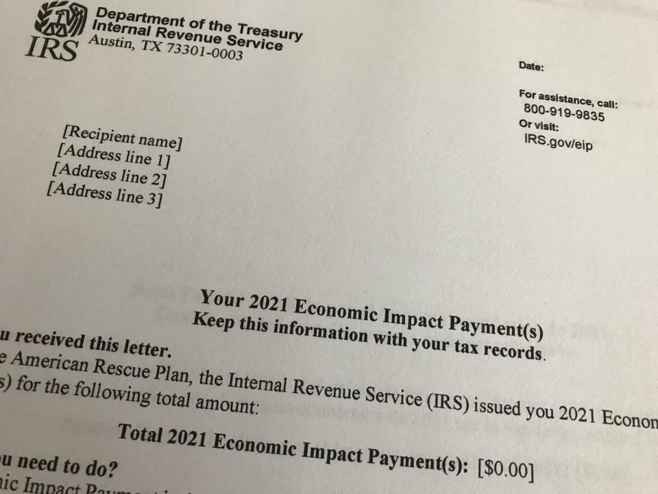 Tax filers need to save a letter from the IRS titled "Your 2021 Economic Impact Payment(s)." The letter details the total amount of 2021 stimulus money received for the third payment as part of coronavirus relief efforts.