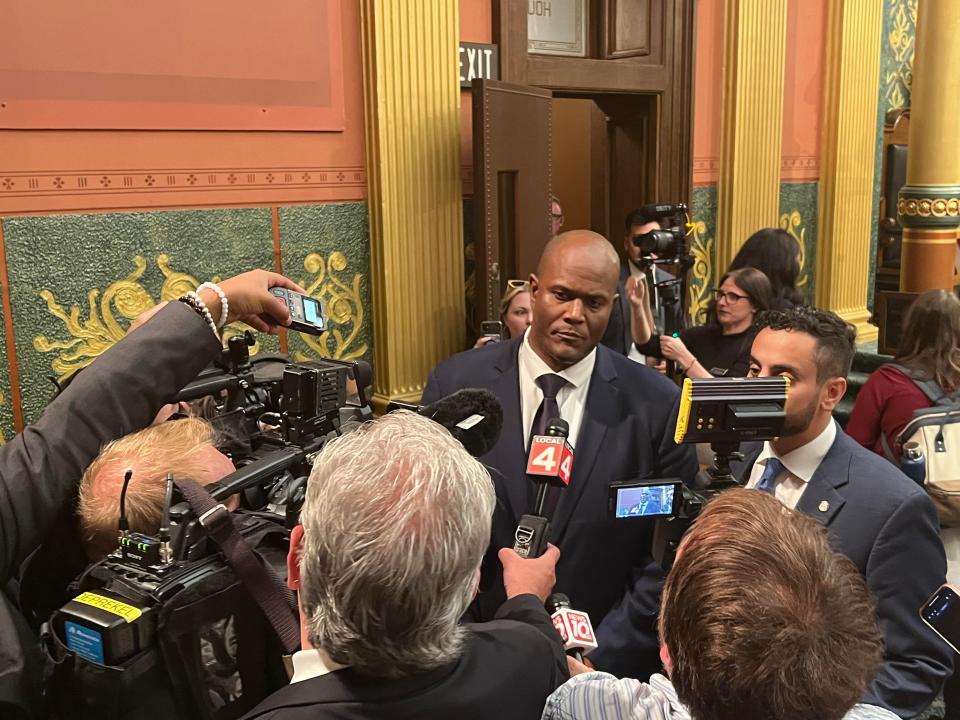 State Rep. Joe Tate, D-Detroit, speaks with the media on Thursday, Nov. 10 at the Michigan State Capitol after he was picked to be the next House speaker. He' take on the role when the new legislative session starts next year.