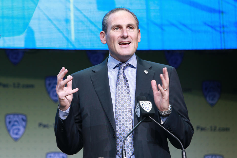 HOLLYWOOD, CA - JULY 26:  PAC12 Commissioner Larry Scott speaks to the media during PAC12 Media Days on July 26, 2017 in Hollywood, California.  (Photo by Leon Bennett/Getty Images)