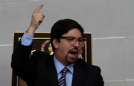 Freddy Guevara, first Vice-President of the National Assembly and lawmaker of the Venezuelan coalition of opposition parties (MUD) attends a session of Venezuela's opposition-controlled National Assembly in Caracas, Venezuela, August 2, 2017. REUTERS/Marco Bello