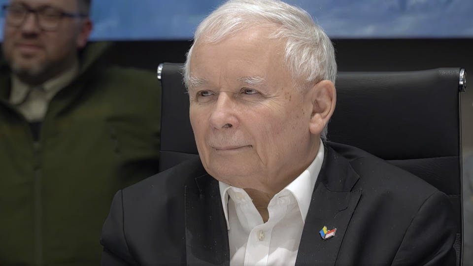 In this image from video provided by the Ukrainian Presidential Press Office, Polish Deputy Prime Minister Jaroslaw Kaczynski listens during a meeting with Ukrainian President Volodymyr Zelenskyy and Slovenia Prime Minister Janez Jansa, Czech Republic Prime Minister Petr Fiala, Polish Prime Minister Mateusz Morawiecki, on behalf of the European Council, in Kyiv, Ukraine, on Tuesday, March 15, 2022. (Ukrainian Presidential Press Office via AP)