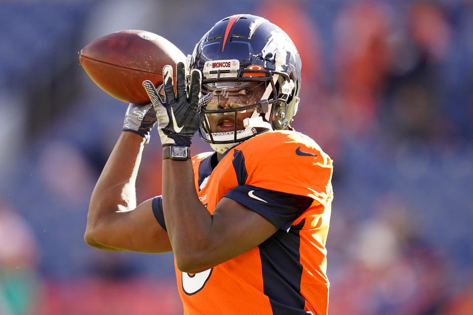 Denver Broncos quarterback Teddy Bridgewater (5) warms up prior to an NFL football game against the Cincinnati Bengals, Sunday, Dec. 19, 2021, in Denver. (AP Photo/Jack Dempsey)