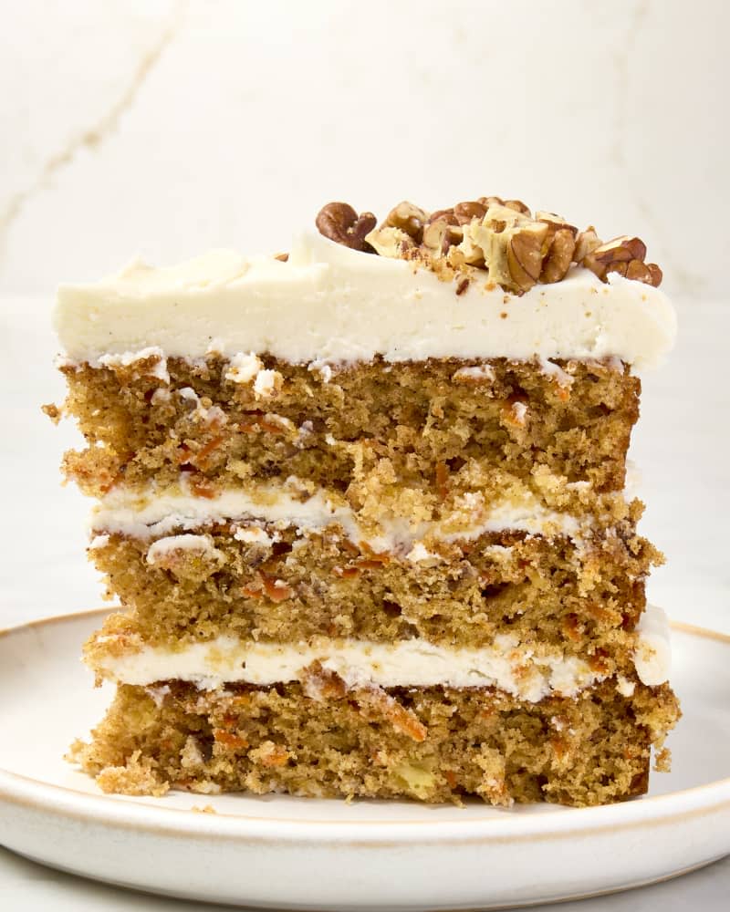 head on shot of a slice of carrot cake.