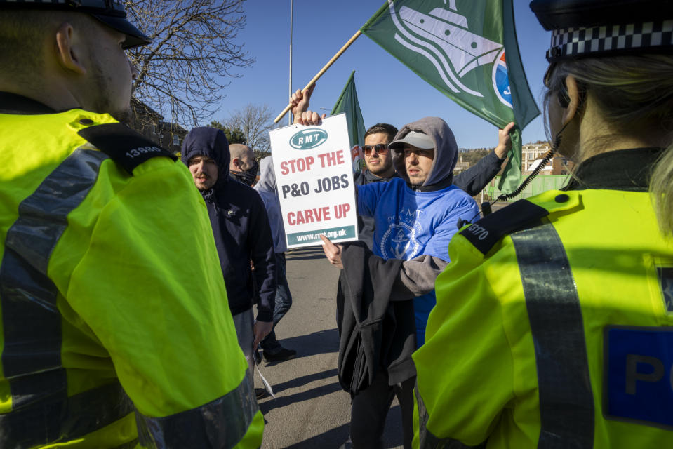 After P&O Ferries sack 800 workers across the UK at short notice, RMT union members blocked the main road in Dover to protest about being made redundant